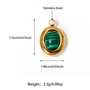 Detail view of 18K gold plated stainless steel oval pendant with green malachite stone inlay