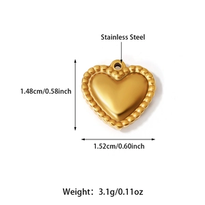 Detailed size view of polished 18K gold stainless steel heart pendant with beaded edge