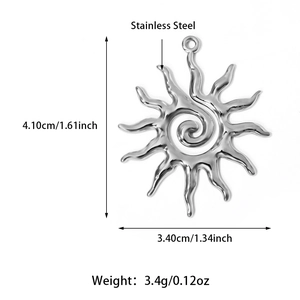 Polished stainless steel sun pendant necklace with spiral center design measurement specs