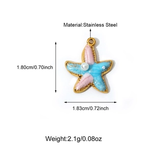 Detail view of 18K gold-plated stainless steel starfish pendant with pink blue enamel