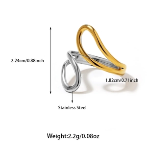 Detail of two-tone stainless steel wave ring with precise dimensions and weight specs