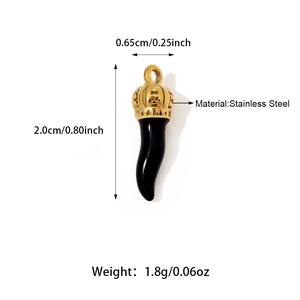 Detail view of 18K gold plated stainless steel black Italian horn pendant with crown