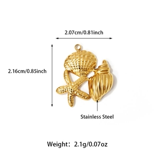 Macro detail of gold stainless steel shell pendant showing dimensions 2.16cm by 2.07cm