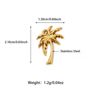 Detailed macro view of 18K gold plated stainless steel palm tree pendant showing dimensions