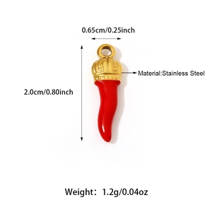 Detail of red enamel horn pendant with gold finish and stainless steel dimensions
