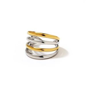 Minimalist four-layer stainless steel ring in layered gold and silver mixed tones