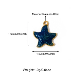 Macro shot of 18K gold-plated stainless steel starfish pendant with blue enamel and sizing