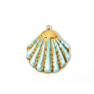 18K gold plated stainless steel seashell pendant with blue enamel for DIY jewelry