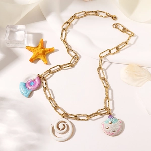 Collar de Cadena Dorada de Acero Inoxidable Con Colgante de Concha Marina Estrella de Mar Esmalte Colorido Joyería Estilo Marino de Playa Verano Mujer