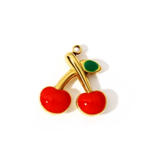 Handmade red cherry pendant in gold stainless steel with green leaf for DIY jewelry