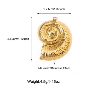 Golden stainless steel nautilus shell pendant with dimensions and detailed texture