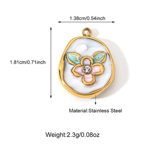 Pendentif en acier inoxydable motif peinture à l'huile avec fleur rose et zircon