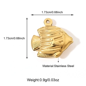 Detailed view of a gold stainless steel tropical fish pendant with 1.73cm dimensions