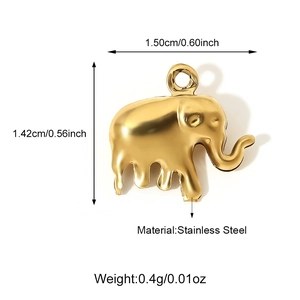 Detailed view of a gold elephant pendant charm with precise dimensions and weight specs
