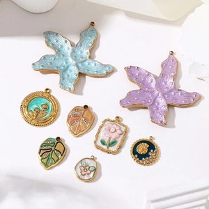Pendentifs en Acier Inoxydable Émail Fleur Étoile de Mer Feuille pour Bijoux DIY Style Peinture à l'Huile Vintage Strass