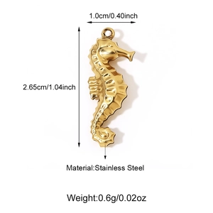 Detailed view of golden seahorse pendant in stainless steel with exact measurements