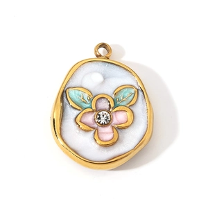 Pendentif peinture florale avec fleur rose et cadre doré pour création de bijoux