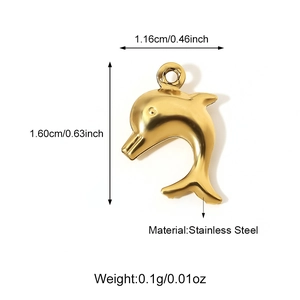 Detail of golden dolphin stainless steel pendant with dimensions and material specs