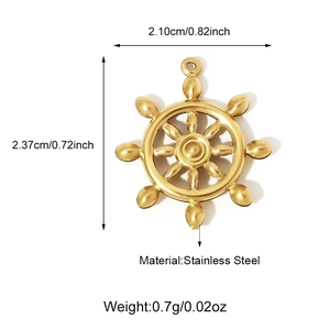 Detail view of gold stainless steel rudder charm with precise dimensions and weight info