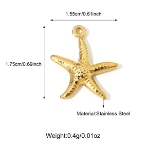 Detail showing dimensions of a gold starfish pendant made of polished stainless steel