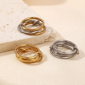 Polished and frosted stainless steel multi-layered interlocking Russian wedding ring set