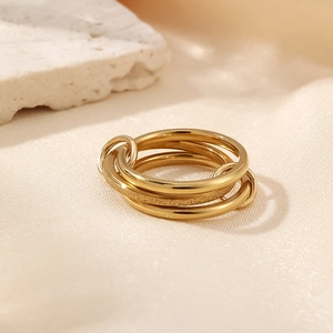 Five-piece multi-layer stackable gold stainless steel rings with polished and frosted finish