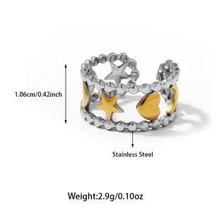 Tweekleurige roestvrijstalen open ring met gouden hart en sterren, kralenrand detail