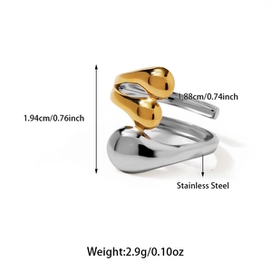Tweekleurige ring van roestvrij staal in goud en zilver met modern vloeibaar druppelontwerp