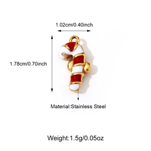 Detailed view of red and white striped candy cane pendant in gold-plated stainless steel