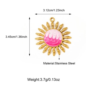 Detailed view of a golden stainless steel sun pendant with pink enamel and dimensions