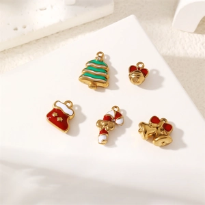 18K gold stainless steel Christmas charms set with tree, stocking and bow tie pendants