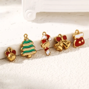 18K Gold Plated Stainless Steel Christmas Charms Enamel Bow Bell Tree Sock Candy Cane Pendant For DIY Jewelry Making Accessories