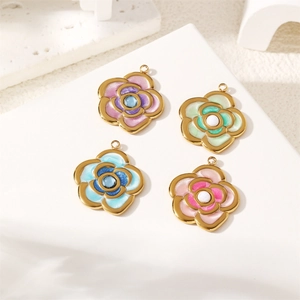 Set of four gold-plated flower charms with colorful enamel finish and pearl centers