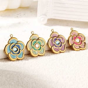 Enamel rose flower pendants with gold plating and pearl center for DIY jewelry making