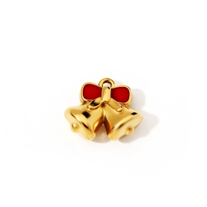 18K gold stainless steel Christmas double bells pendant with a red 3D bow charm