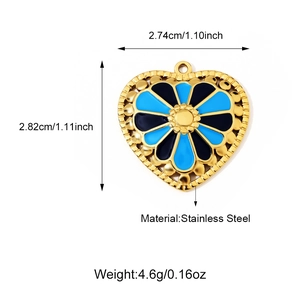 Detailed macro view of heart enamel pendant with blue radial pattern and gold scallop edge