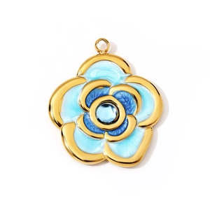 Golden five-petal flower pendant with blue enamel, glitter finish and center bead