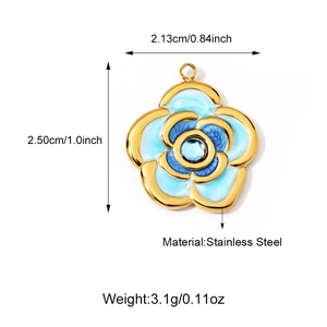 Blue petal flower pendant in gold stainless steel with central sapphire blue stone
