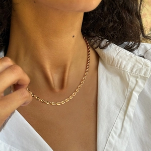 Close-up of 18K gold-plated stainless steel rope chain worn on a female model neck