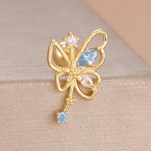Exquisite gold stainless steel cartilage stud with blue butterfly and zircon accents