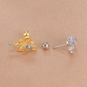 Detailed macro view of blue zircon butterfly earrings with stainless steel screw backs