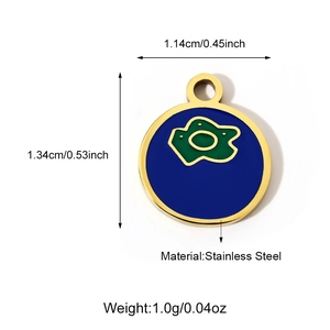 Blue enamel stainless steel round pendant with green pattern and dimensions label