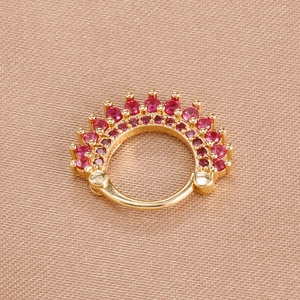 Macro shot of gold clicker hoop earring with double rows of pink cubic zirconia stones