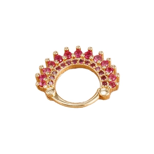 Golden crown septum clicker ring with dual rows of sparkling red round rhinestones