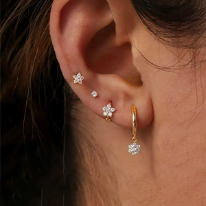 Stainless Steel Zirconia Flower Stud Hoop Earrings With 925 Sterling Silver Earring Post Geometric Ear Cuff Jewelry For Women