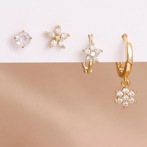 Exquisite gold-plated stainless steel floral earring set with sparkling zircon stones