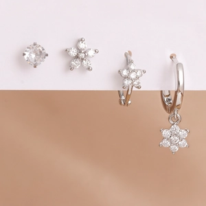 Exquisite 4-piece stainless steel zircon earring set with flower and star geometric motifs