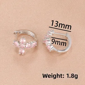 Pendientes de cruz con aros de plata de 13 mm y cinco circonitas rosas con peso de 1,8 g