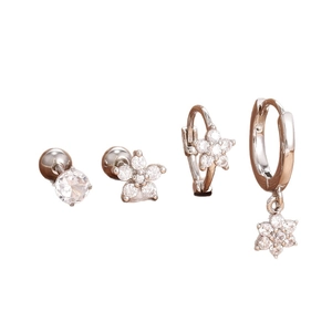 Floral cubic zirconia stainless steel earring set featuring studs and huggie hoops