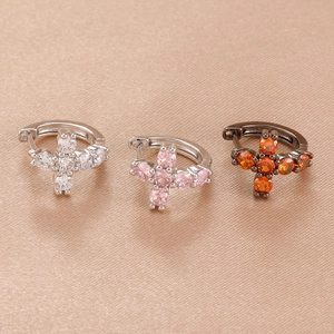 Pendientes de aro con cruz y circonitas brillantes en plata, rosa y color naranja